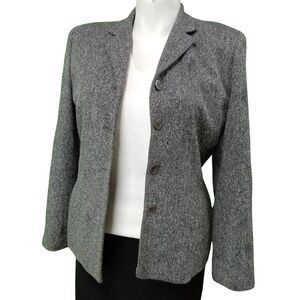Josephine Chaus Herringbone Blazer 12 Grey Black Silk Wool Button Jacket Career